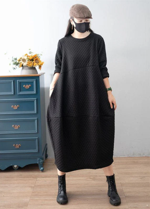 Boho Red O-Neck Patchwork Plaid Warm Fleece Dress Winter - Image 2