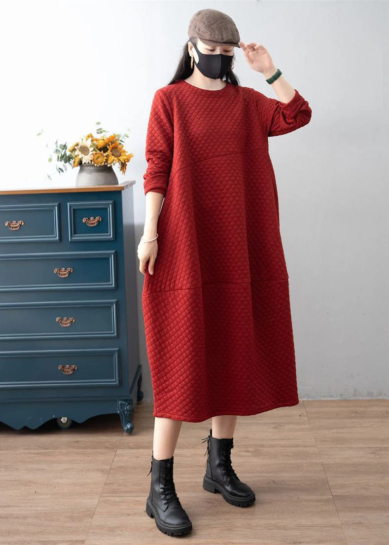 Boho Red O-Neck Patchwork Plaid Warm Fleece Dress Winter - Image 3