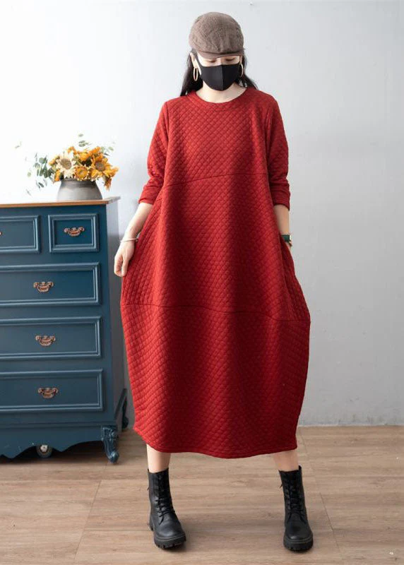 Boho Red O-Neck Patchwork Plaid Warm Fleece Dress Winter - Image 4