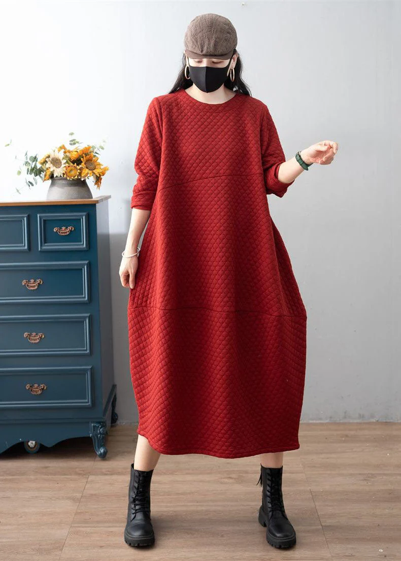 Boho Red O-Neck Patchwork Plaid Warm Fleece Dress Winter - Image 5