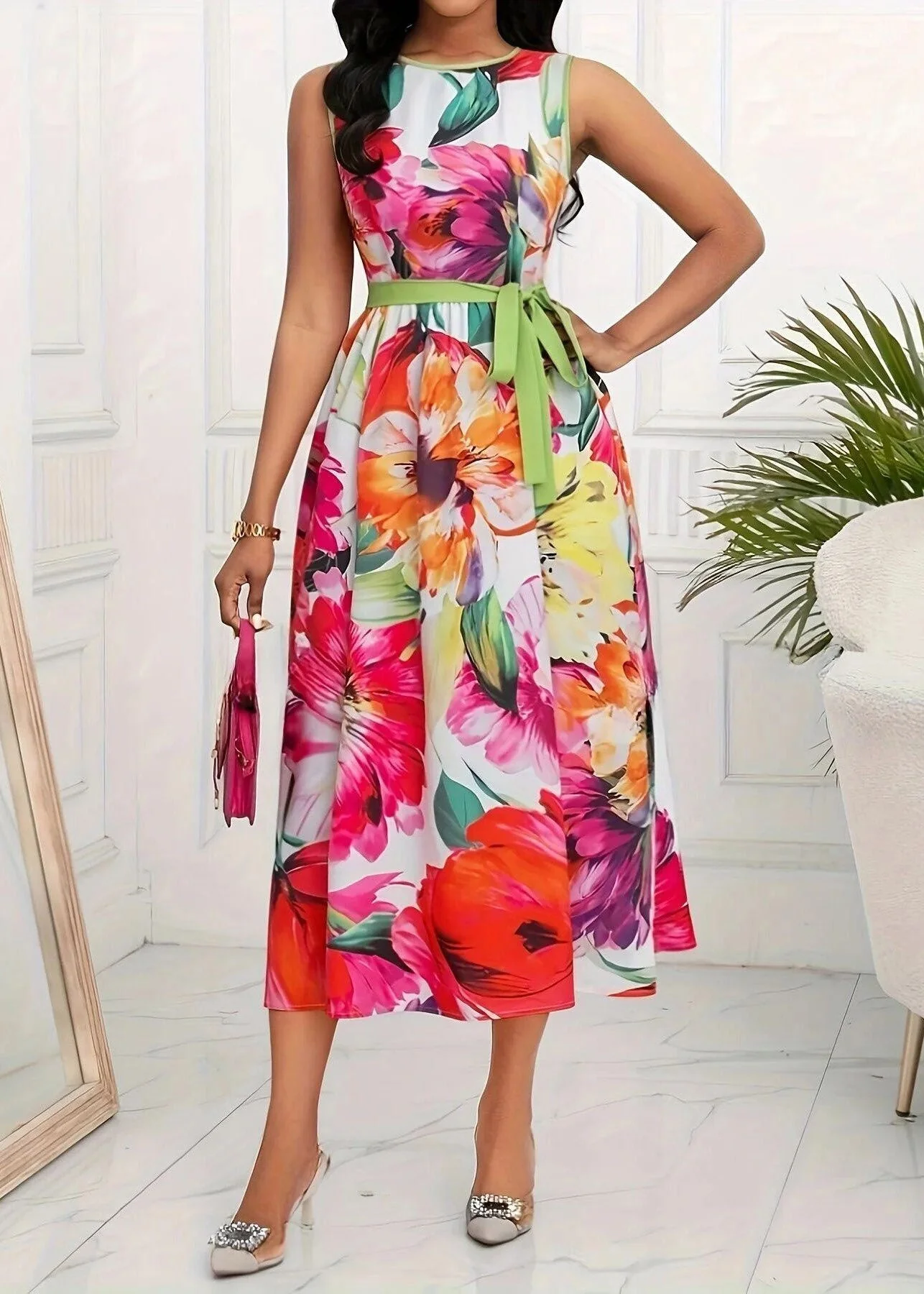 Boho Red O-Neck Print Tie Waist Maxi Dress Sleeveless - Image 2