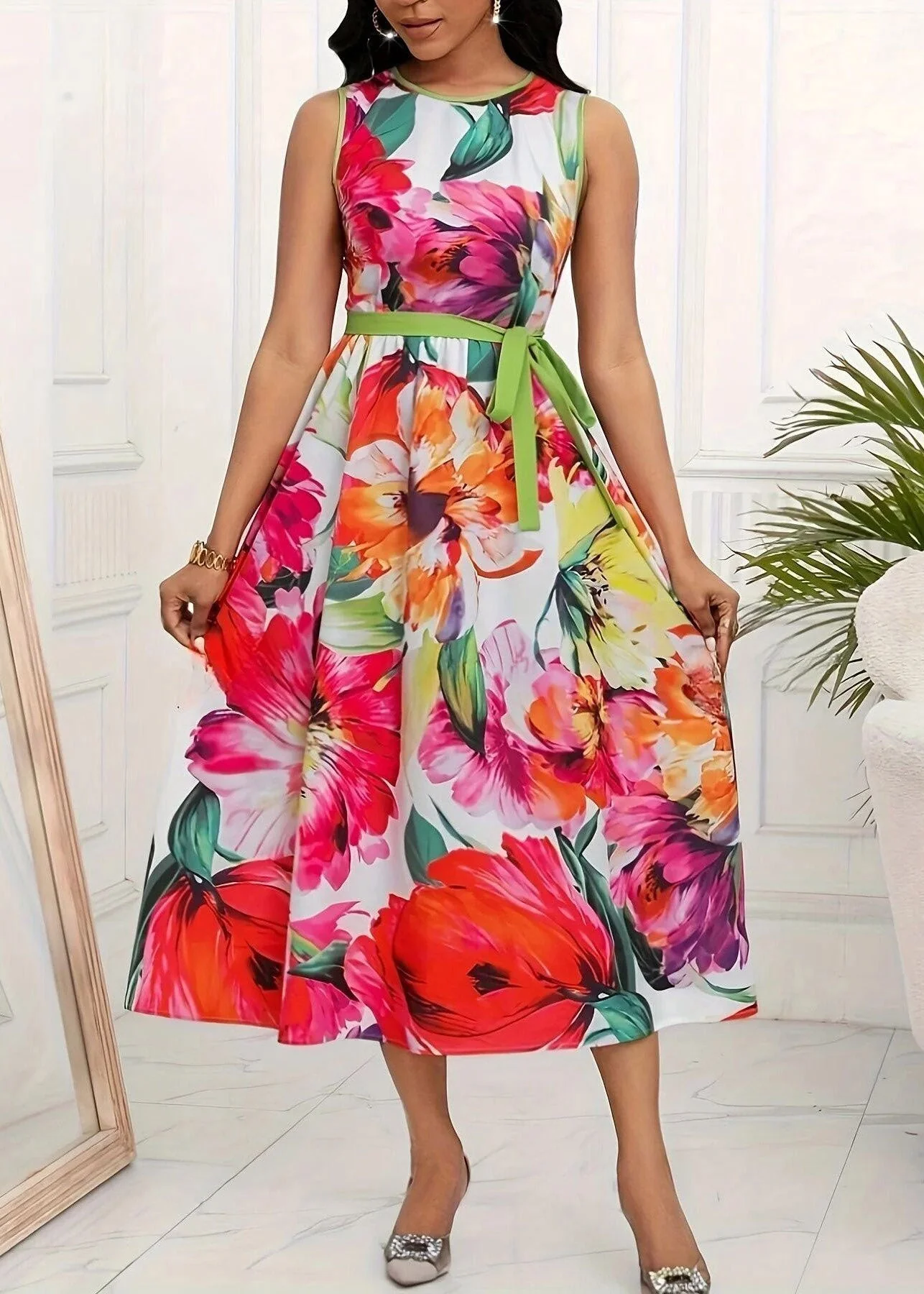 Boho Red O-Neck Print Tie Waist Maxi Dress Sleeveless - Image 3