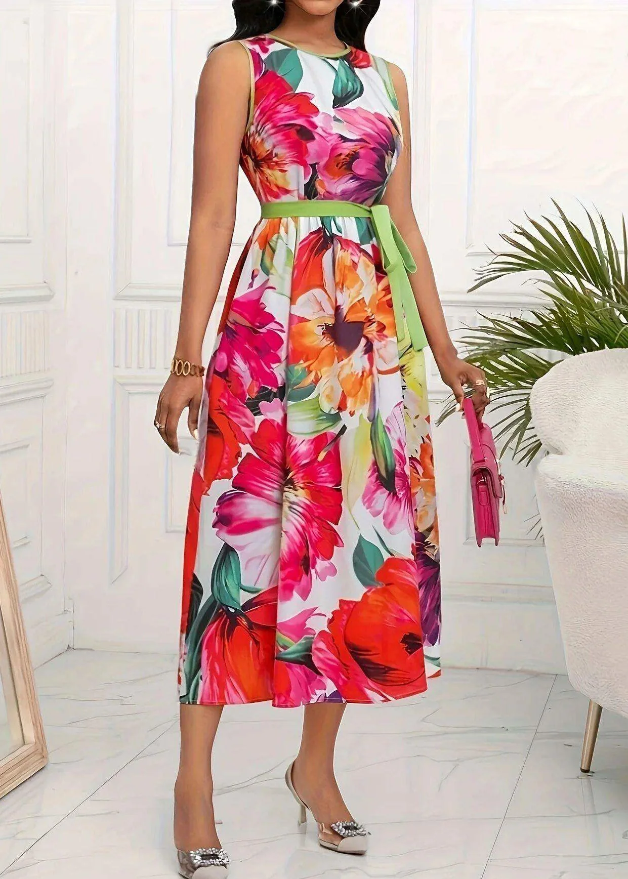 Boho Red O-Neck Print Tie Waist Maxi Dress Sleeveless - Image 4