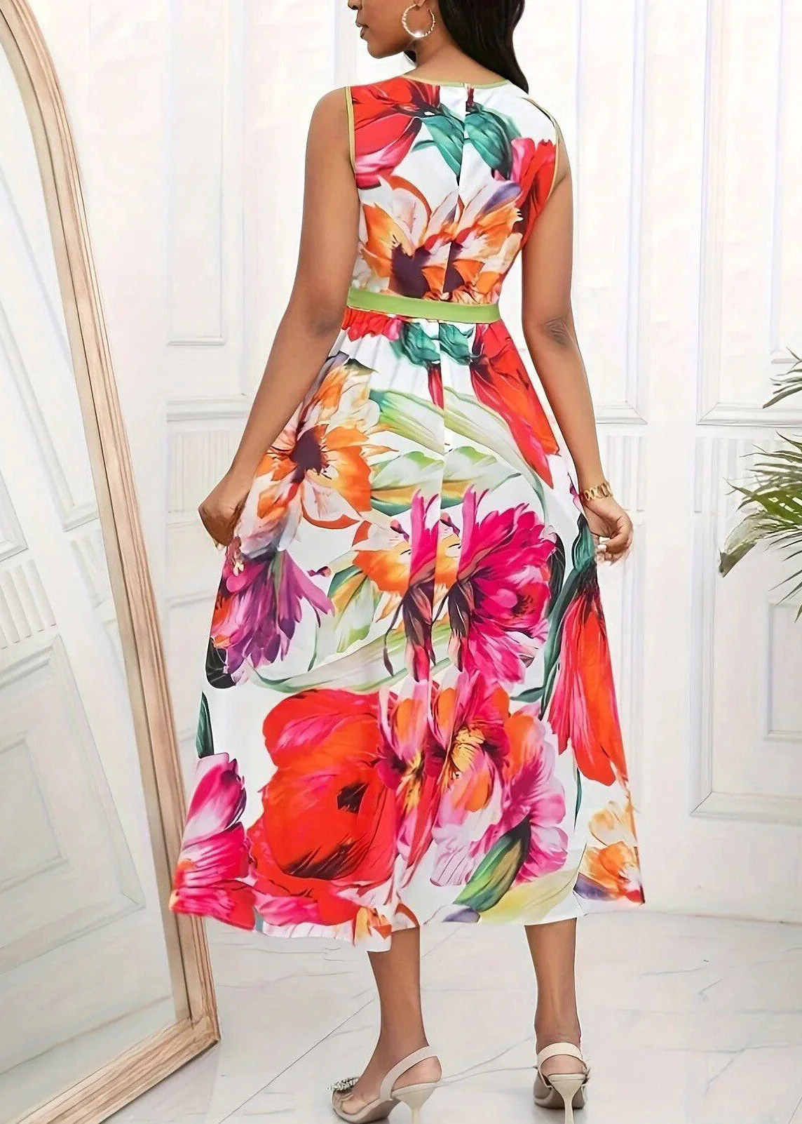 Boho Red O-Neck Print Tie Waist Maxi Dress Sleeveless - Image 5