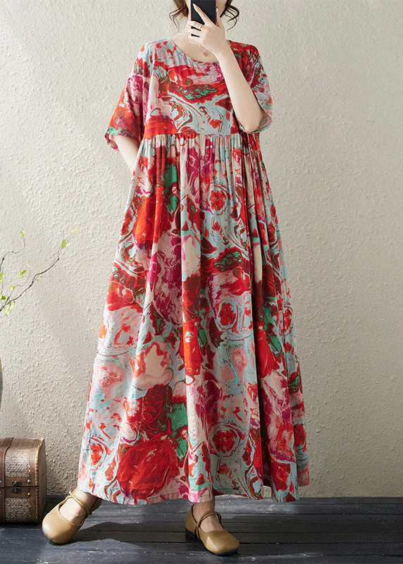 Boho Red O Neck Print Wrinkled Cotton Vacation Dresses Summer - Image 2