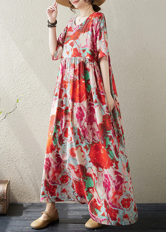 Boho Red O Neck Print Wrinkled Cotton Vacation Dresses Summer - Image 3