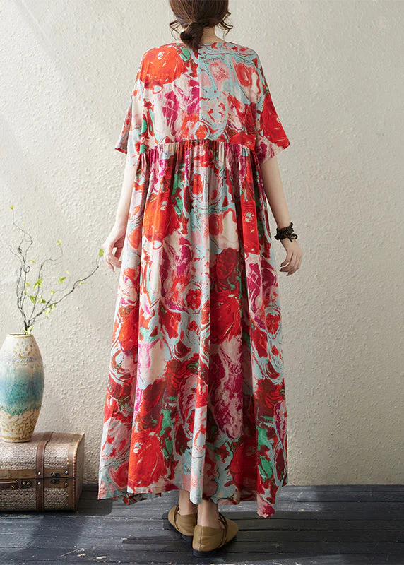 Boho Red O Neck Print Wrinkled Cotton Vacation Dresses Summer - Image 4