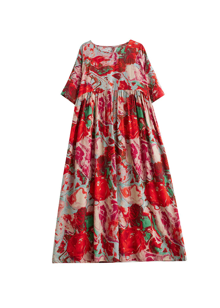 Boho Red O Neck Print Wrinkled Cotton Vacation Dresses Summer - Image 5