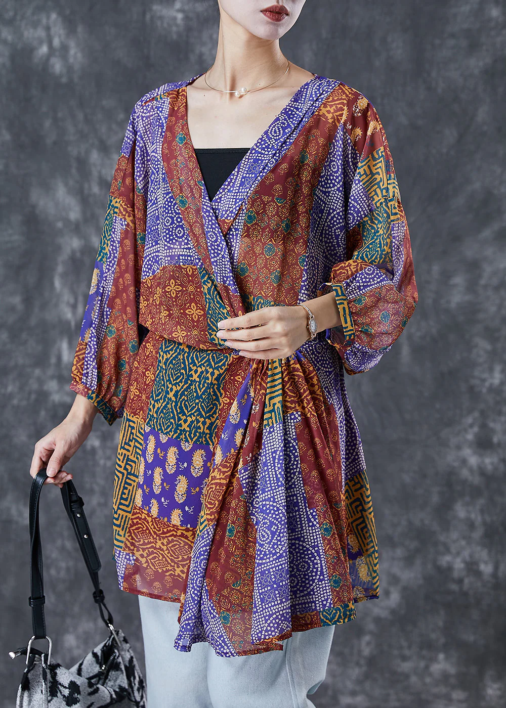 Boho Red Oversized Print Silk Holiday Dress Fall - Image 2