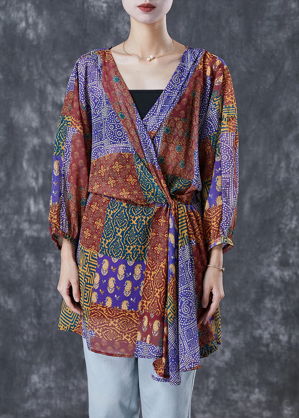 Boho Red Oversized Print Silk Holiday Dress Fall - Image 3