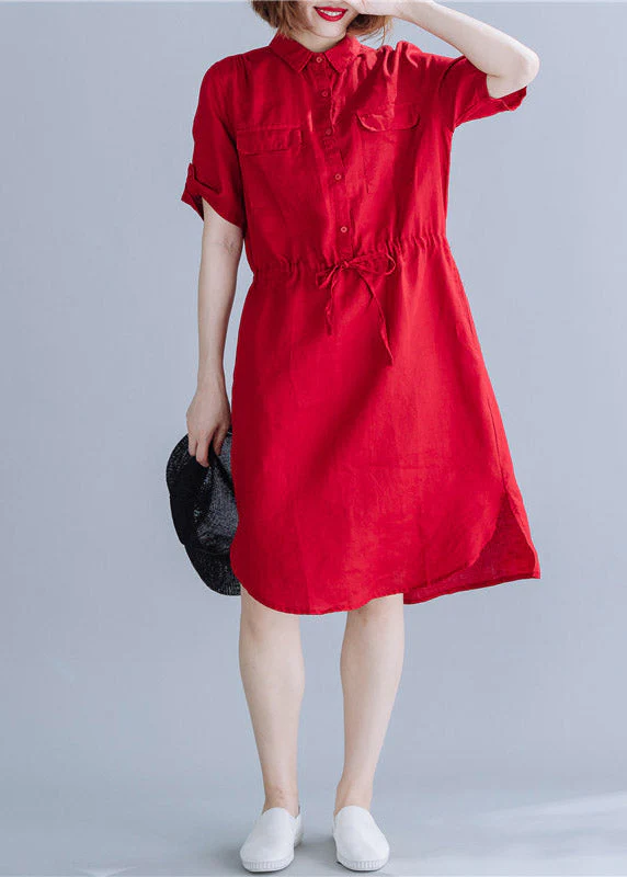 Boho Red Peter Pan Collar drawstring Shirt Dresses Summer - Image 2