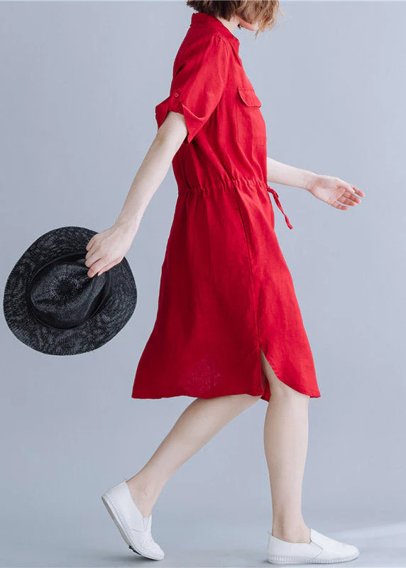 Boho Red Peter Pan Collar drawstring Shirt Dresses Summer - Image 3