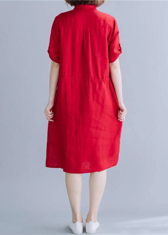 Boho Red Peter Pan Collar drawstring Shirt Dresses Summer - Image 4