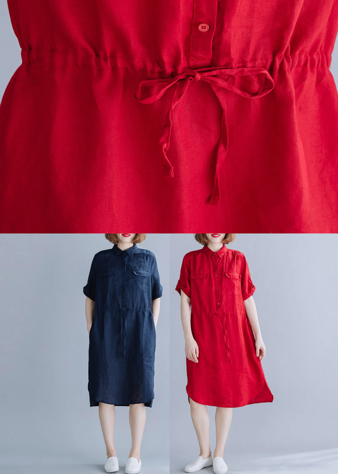 Boho Red Peter Pan Collar drawstring Shirt Dresses Summer - Image 5