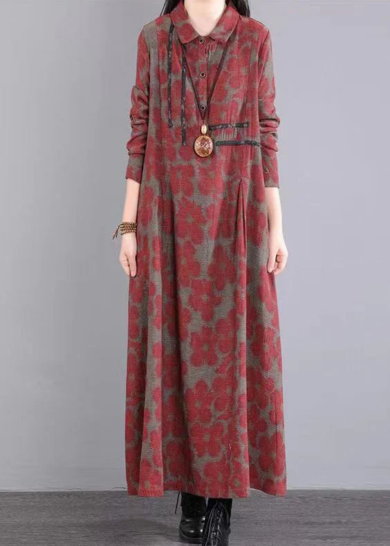 Boho Red Peter Pan Collar Print Patchwork Cotton Long Dress Fall - Image 3