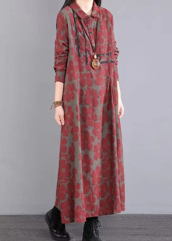 Boho Red Peter Pan Collar Print Patchwork Cotton Long Dress Fall - Image 4