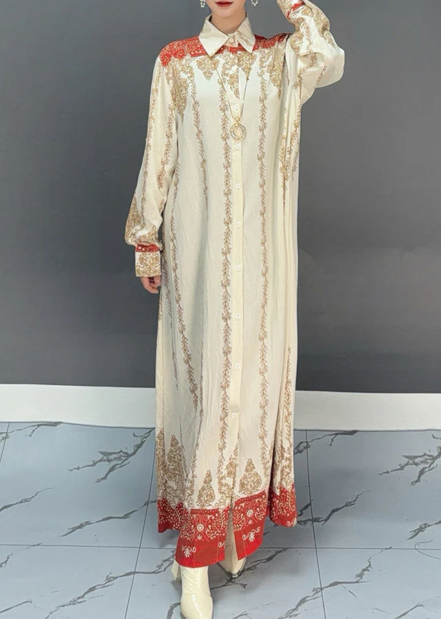 Boho Red Print Button Holiday Maxi Shirts Dresses Fall - Image 3