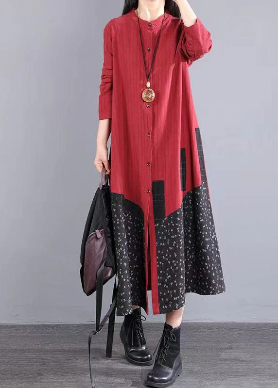 Boho Red Print Pockets Patchwork Cotton Long Dresses Fall - Image 2