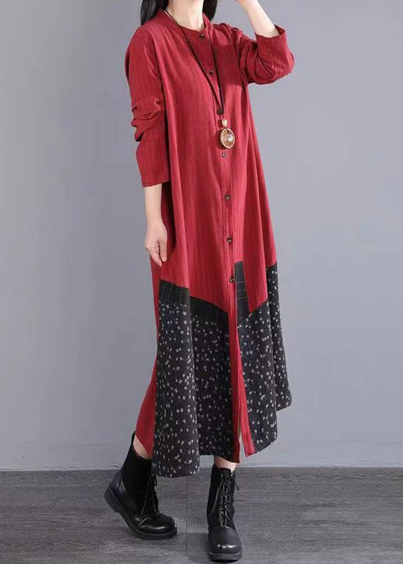 Boho Red Print Pockets Patchwork Cotton Long Dresses Fall - Image 3