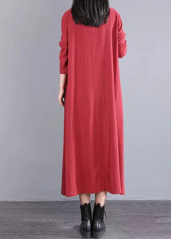 Boho Red Print Pockets Patchwork Cotton Long Dresses Fall - Image 4