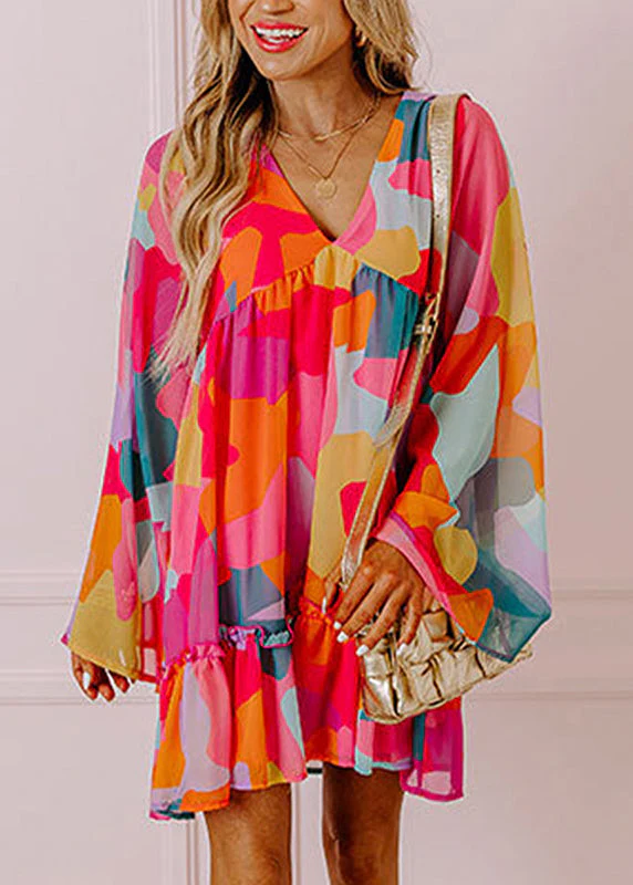 Boho Red Print Wrinkled Chiffon Mid Dresses Fall