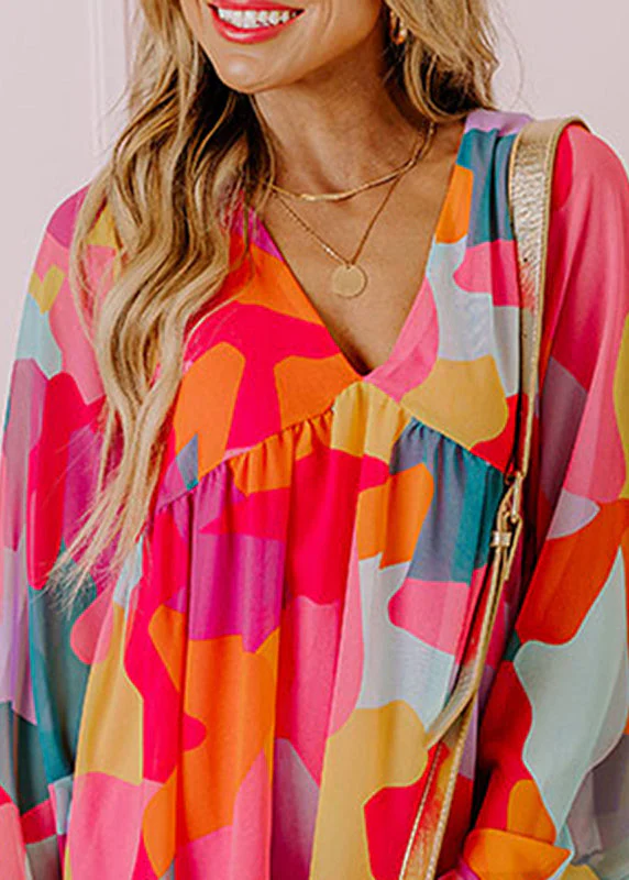 Boho Red Print Wrinkled Chiffon Mid Dresses Fall - Image 3