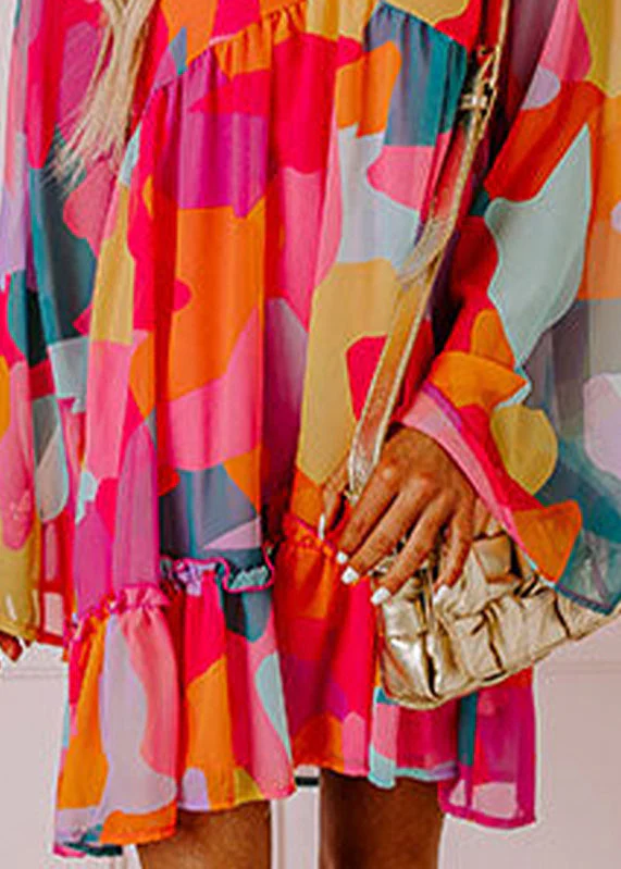 Boho Red Print Wrinkled Chiffon Mid Dresses Fall - Image 4