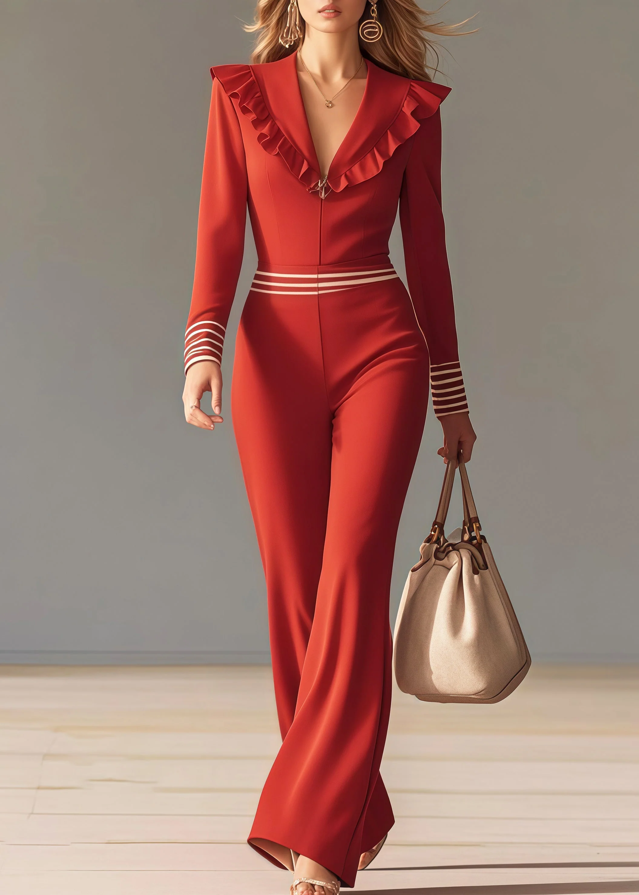 Boho Red Ruffled Patchwork Chiffon Overalls Jumpsuit Spring - Image 3
