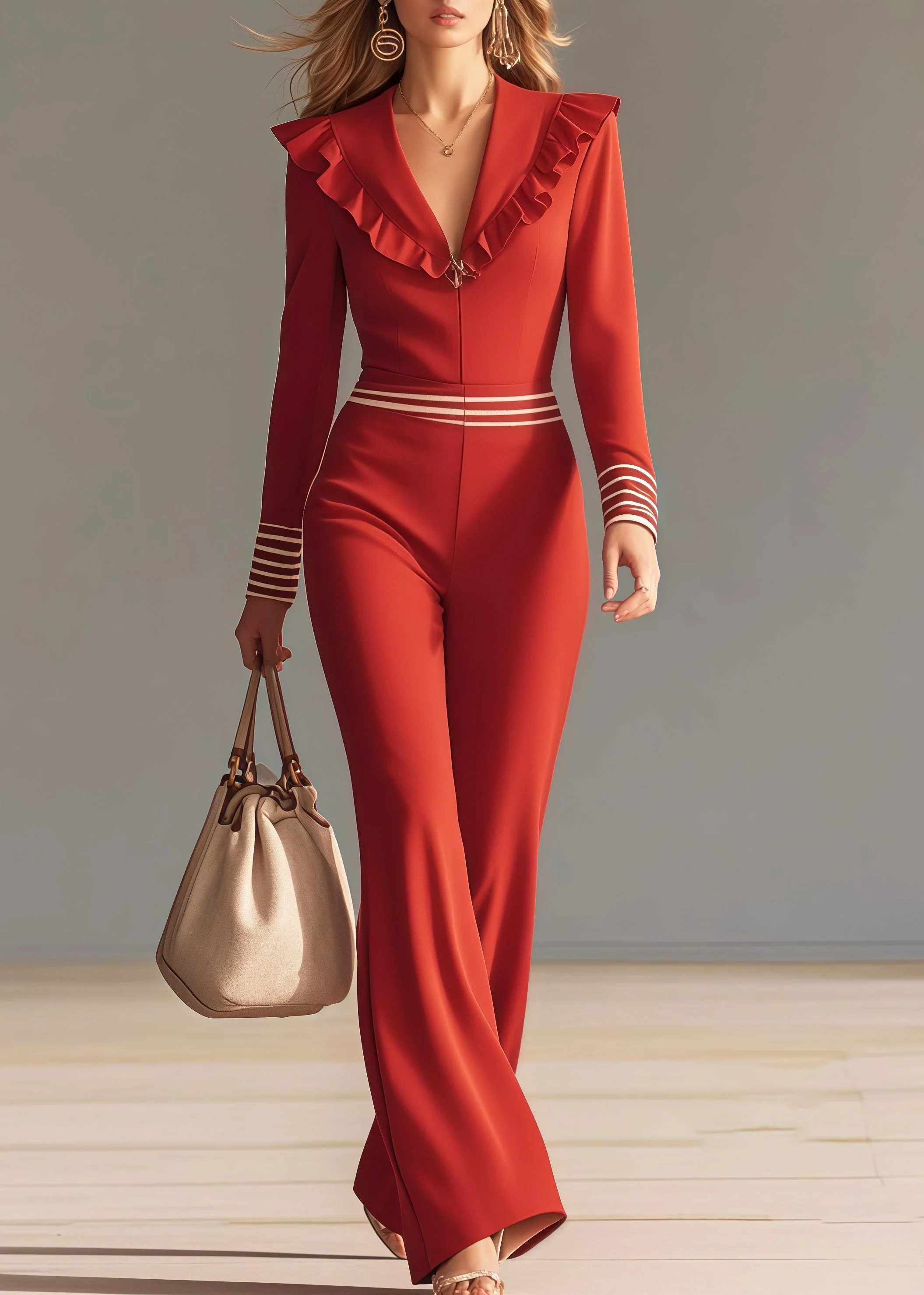 Boho Red Ruffled Patchwork Chiffon Overalls Jumpsuit Spring - Image 5