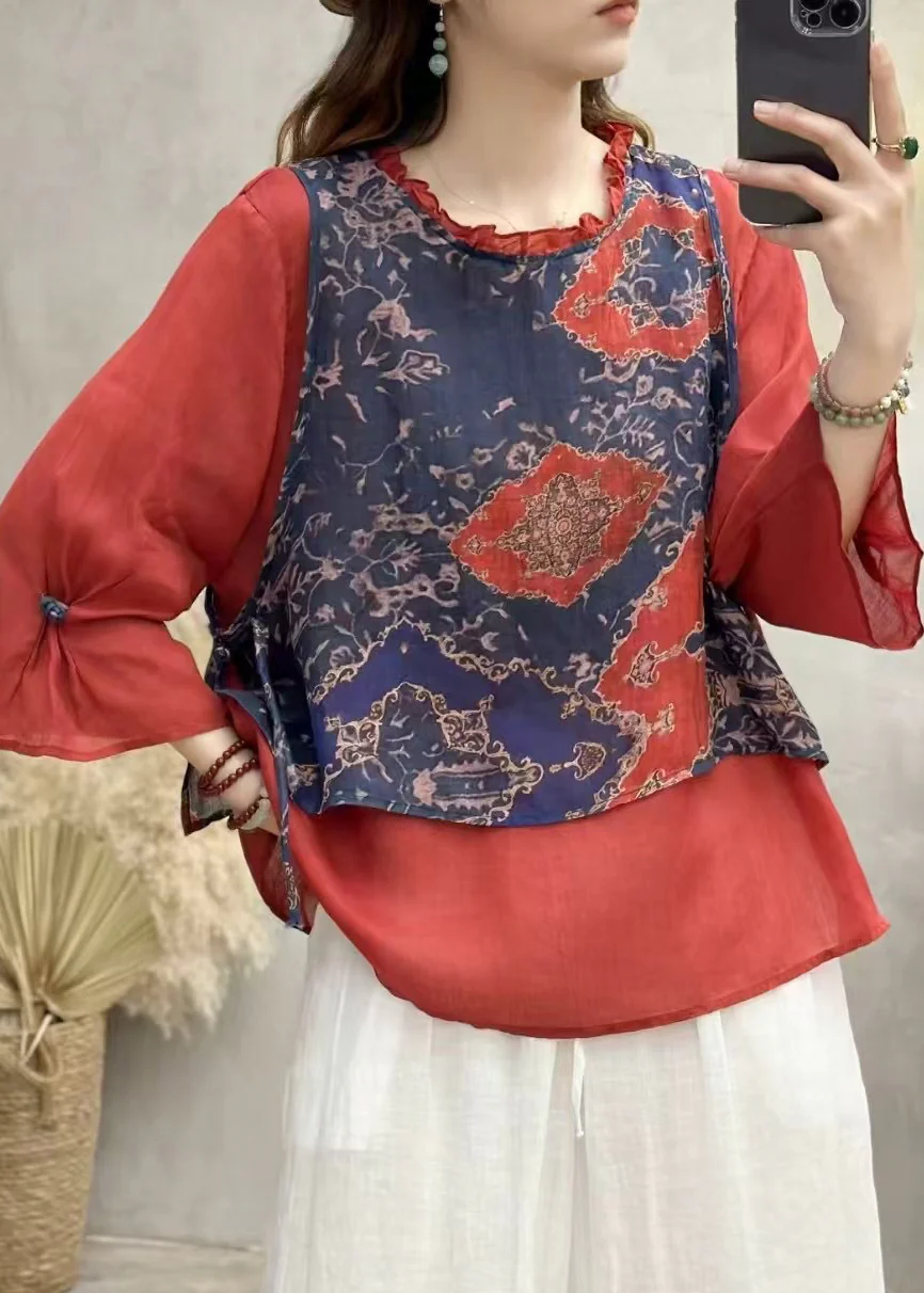 Boho Red Ruffled Patchwork Linen Blouse Top Bracelet Sleeve - Image 2