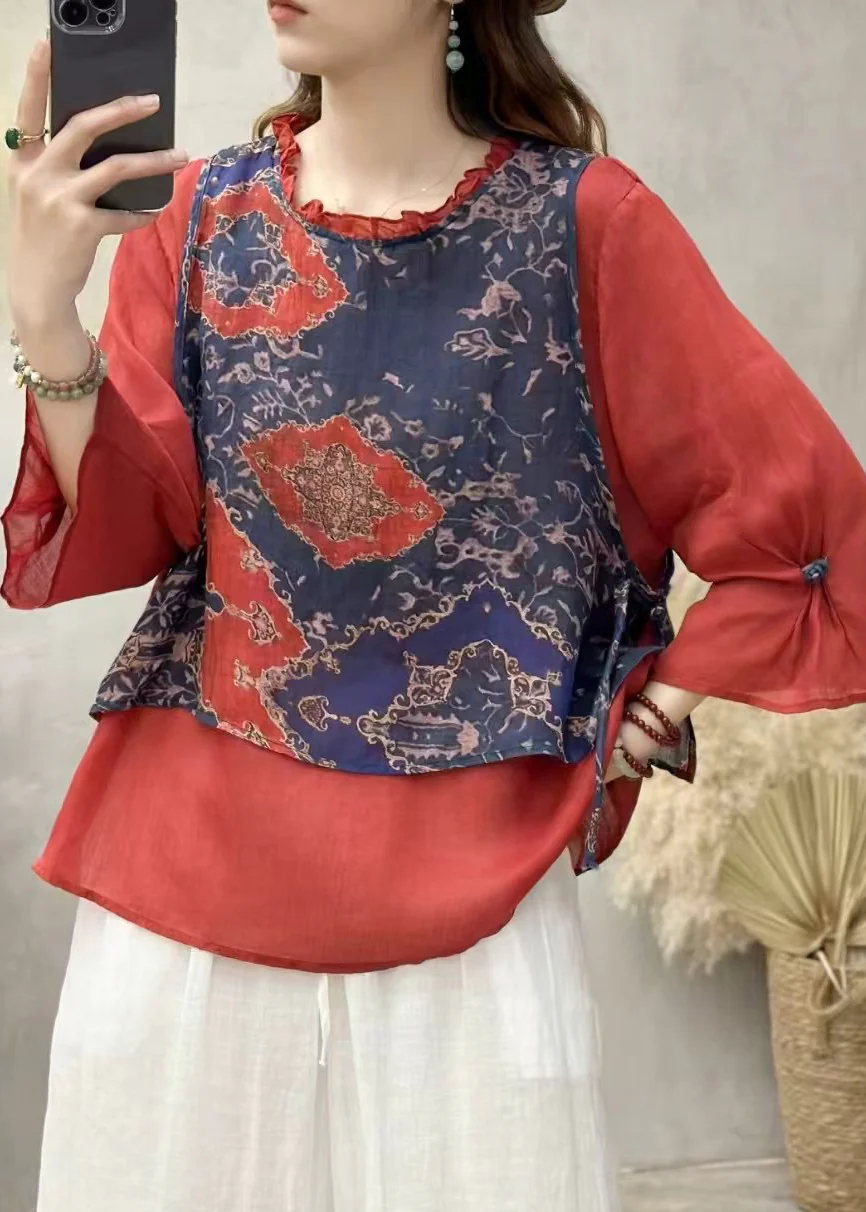 Boho Red Ruffled Patchwork Linen Blouse Top Bracelet Sleeve - Image 3