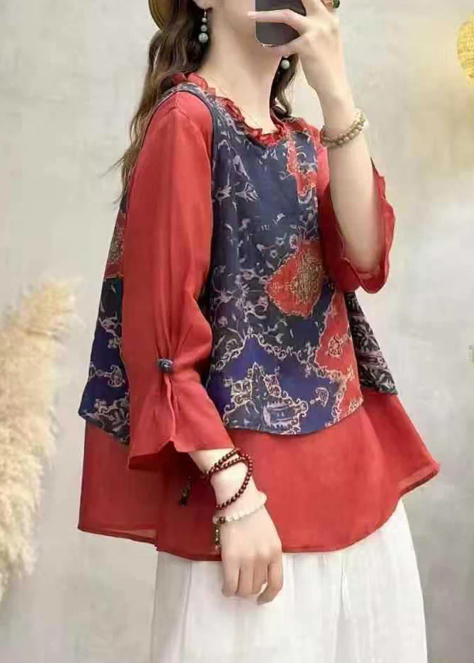 Boho Red Ruffled Patchwork Linen Blouse Top Bracelet Sleeve - Image 4