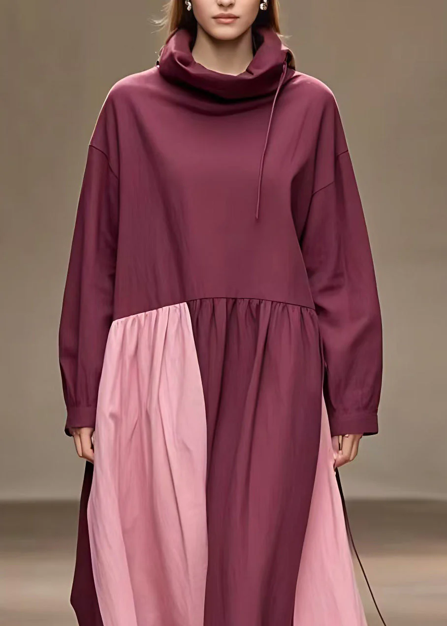 Boho Red Turtleneck Drawstring Maxi Dress Fall - Image 3