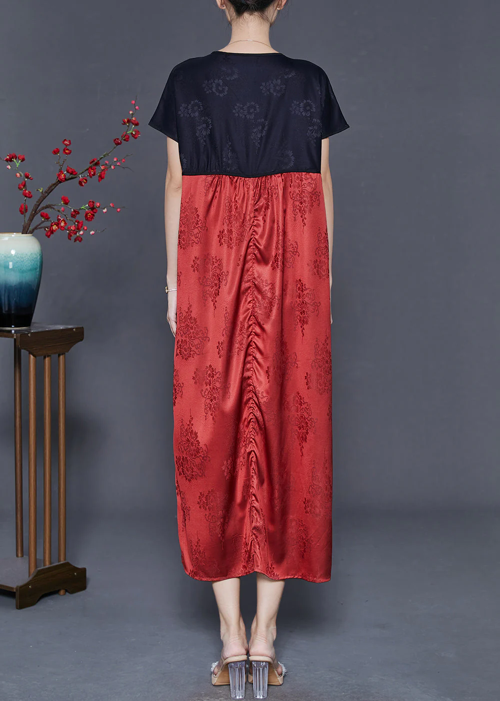 Boho Red V Neck Patchwork Silk Dresses Summer - Image 4