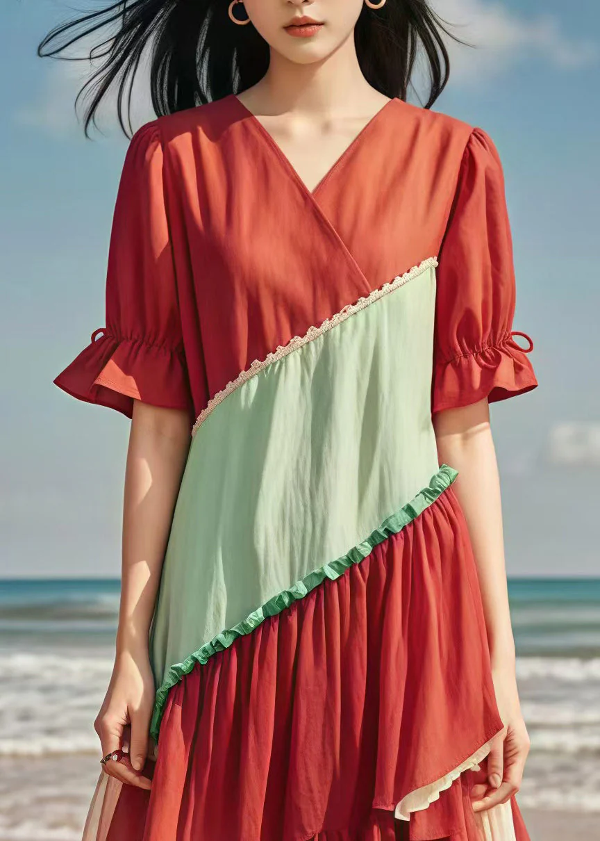 Boho Red V Neck Patchwork Tulle Cotton Long Dress Summer - Image 3