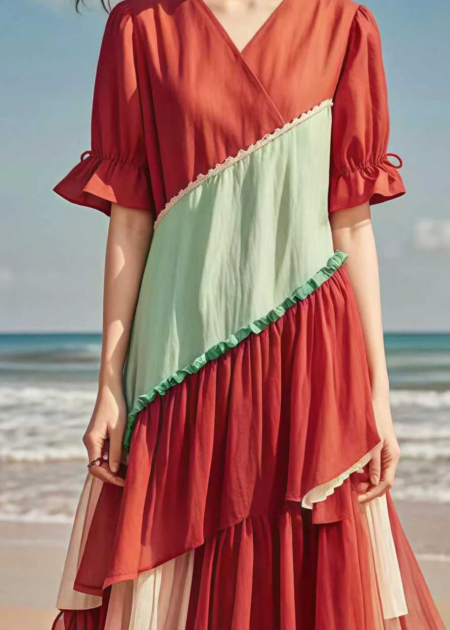 Boho Red V Neck Patchwork Tulle Cotton Long Dress Summer - Image 4