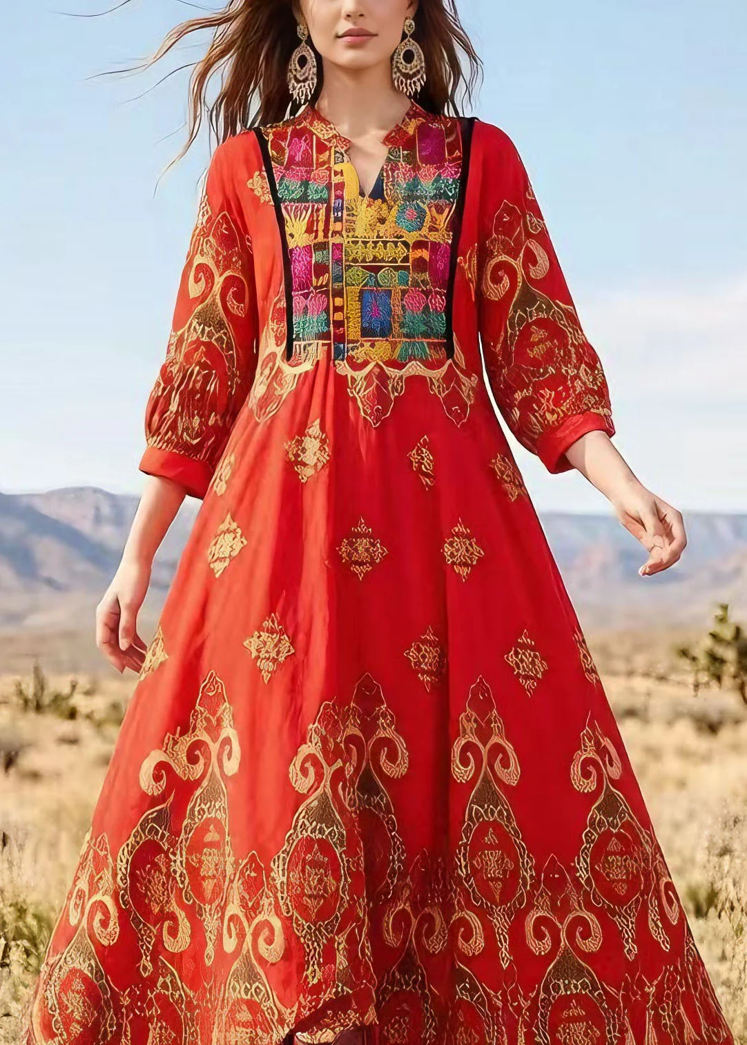 Boho Red V Neck Print Exra Large Hem Cotton Dress Lantern Sleeve - Image 2
