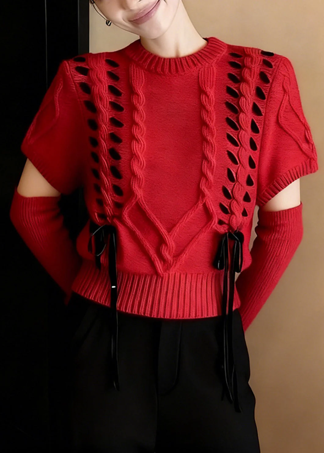 Boho Red Warm Cable Knit Sweater Half Sleeve - Image 3