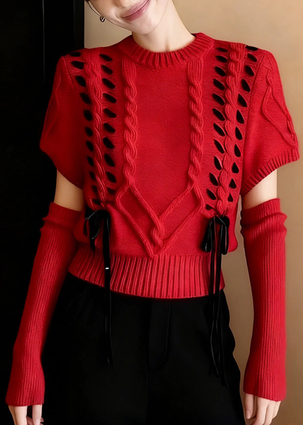 Boho Red Warm Cable Knit Sweater Half Sleeve - Image 4