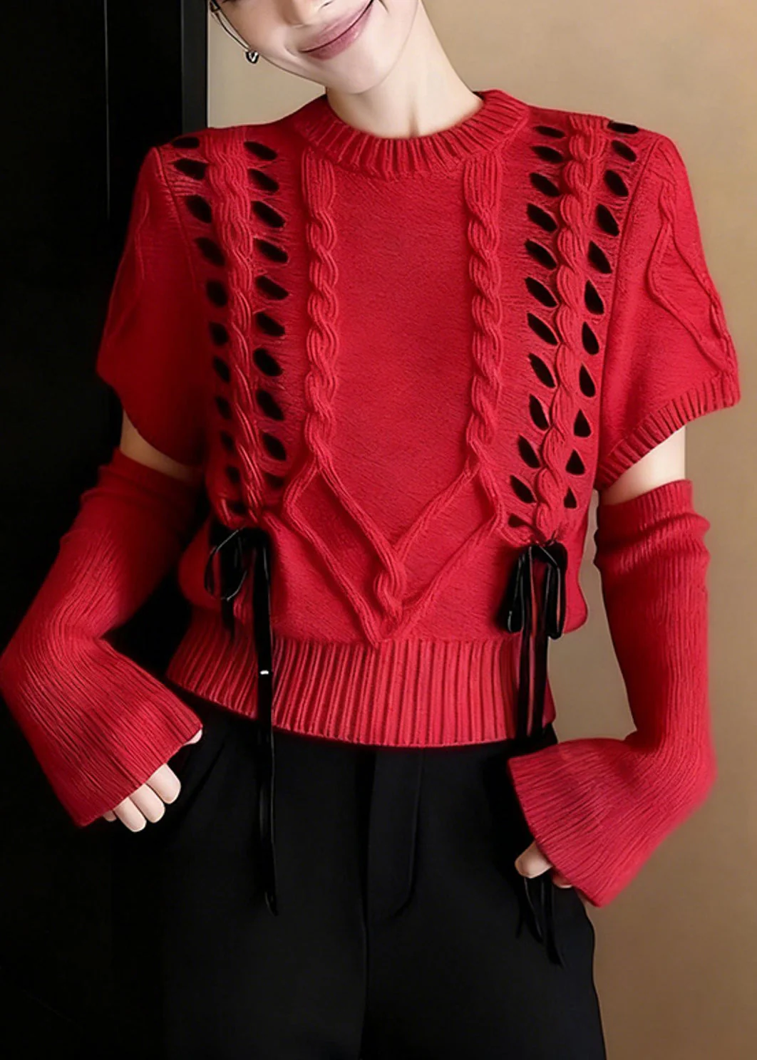 Boho Red Warm Cable Knit Sweater Half Sleeve - Image 5