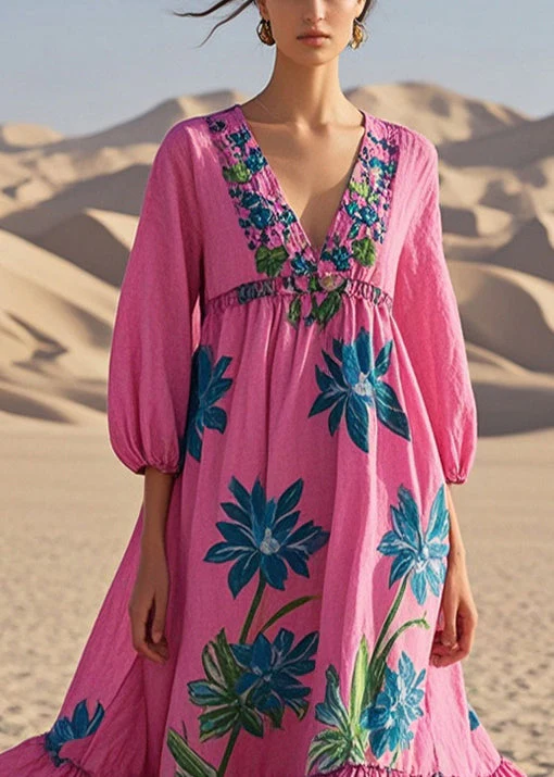 Boho Rose Oversized Print Cotton Maxi Dresses Bracelet Sleeve - Image 2
