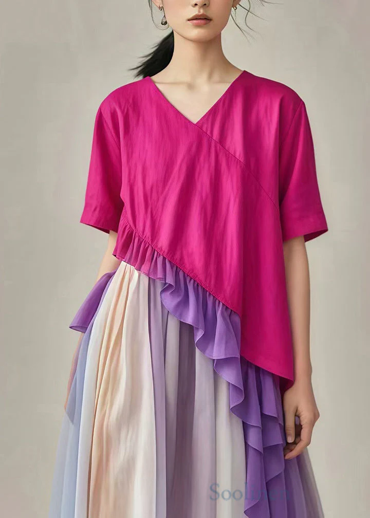 Boho Rose Ruffled Patchwork Asymmetrical Design Cotton Dress Summer - Image 2