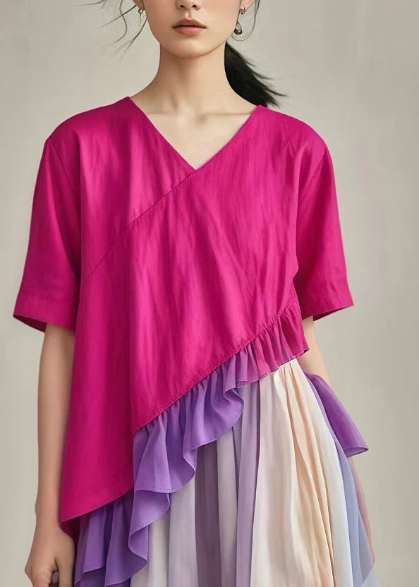Boho Rose Ruffled Patchwork Asymmetrical Design Cotton Dress Summer - Image 3