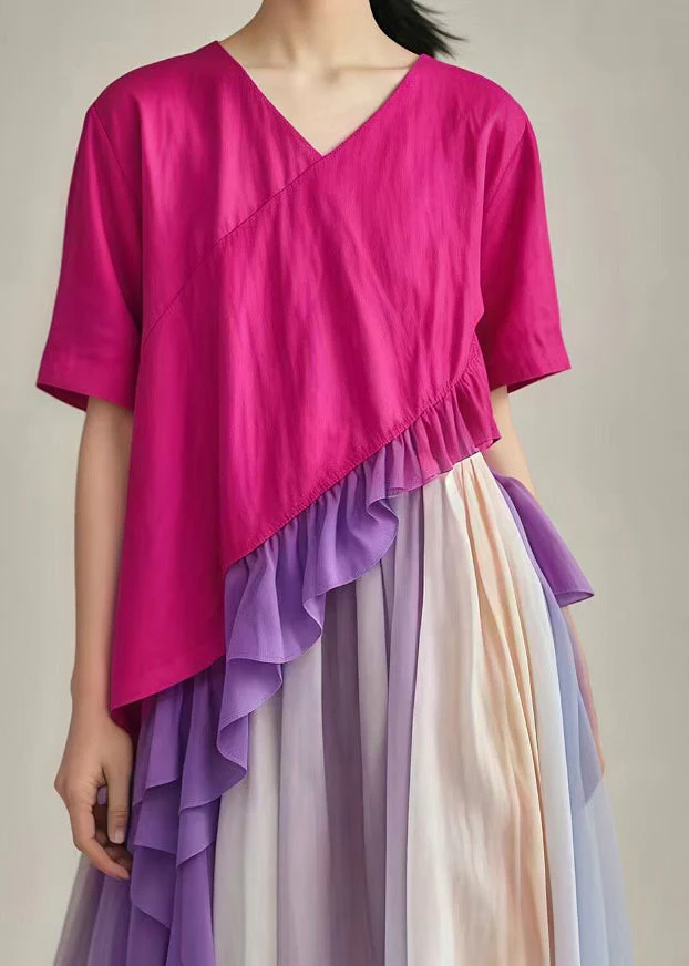 Boho Rose Ruffled Patchwork Asymmetrical Design Cotton Dress Summer - Image 4