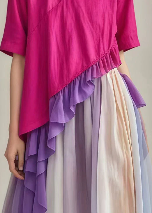 Boho Rose Ruffled Patchwork Asymmetrical Design Cotton Dress Summer - Image 5