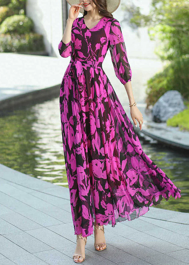 Boho Rose V Neck Print Wrinkled Chiffon Dresses Summer - Image 2