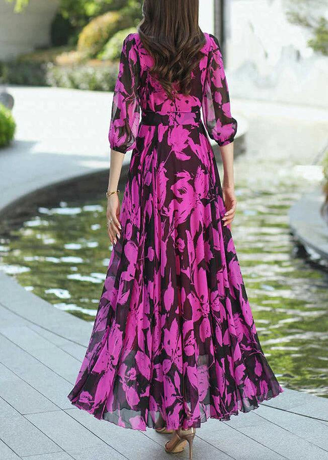 Boho Rose V Neck Print Wrinkled Chiffon Dresses Summer - Image 3