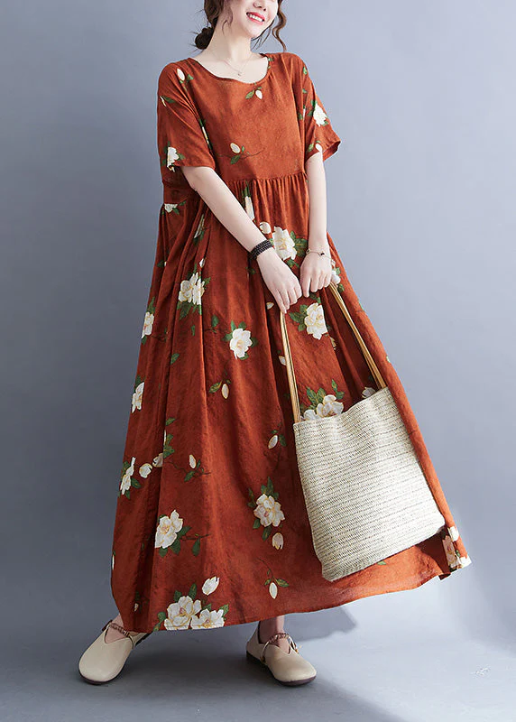Boho Rust O-Neck Patchwork Print Vacation Maxi Dresses Short Sleeve - Image 2