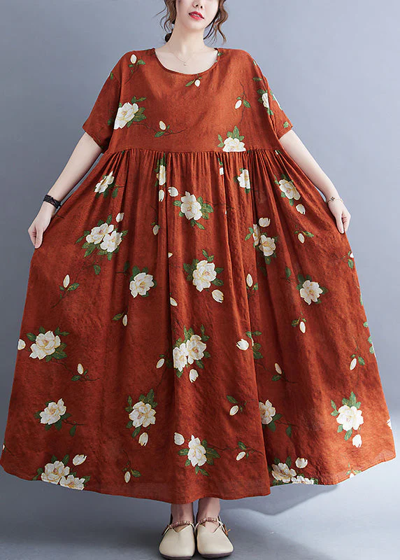 Boho Rust O-Neck Patchwork Print Vacation Maxi Dresses Short Sleeve - Image 3