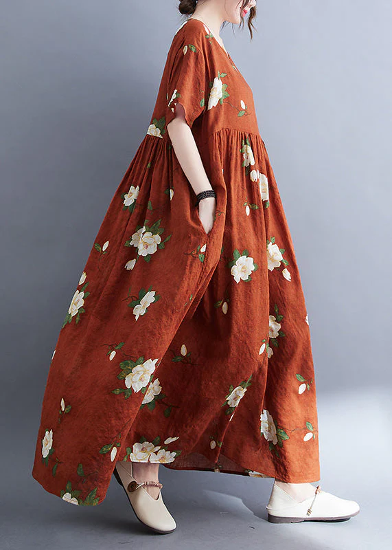 Boho Rust O-Neck Patchwork Print Vacation Maxi Dresses Short Sleeve - Image 4